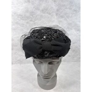 Vintage Black Cellophane Straw Pillbox Hat Birdcage Veil Grosgrain Bow Union